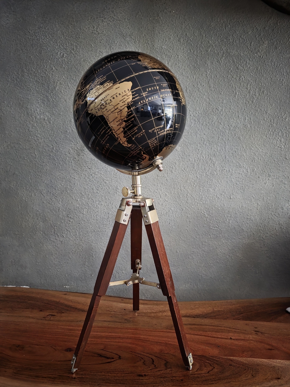 Vintage Black & Gold Globe on Wooden Tripod Stand